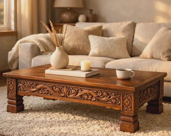Hand Carved Solid Wood Coffee Table – Vintage Rustic Low Table, Ornate Floral Design, Farmhouse Living Room Decor, Traditional Furniture