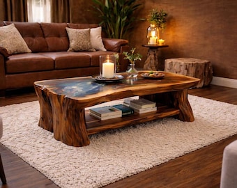Live Edge Walnut River Coffee Table, Blue Epoxy Resin, Rustic Modern Living Room Shelf