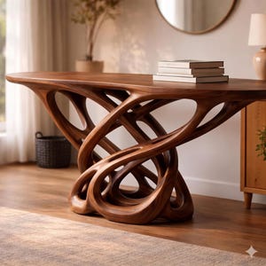 Könnte beinhalten: Ein handgefertigter Konsolentisch aus massivem Holz mit einem einzigartigen, organischen Design. Der Tisch hat eine glatte, ovale Oberseite und eine Basis aus ineinandergreifenden, fließenden Kurven. Die warmen Brauntöne des Holzes schaffen eine natürliche und elegante Ästhetik. Ein Stapel Bücher liegt auf dem Tisch.