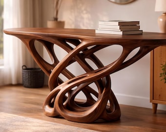 Mesa consola de nogal, muebles de entrada Japandi, diseño escultural moderno en madera hecho a mano.