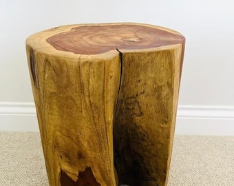 Mesa auxiliar de tronco de árbol de madera de teca maciza, taburete rústico de madera, acento de raíz natural.