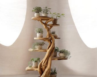 Handmade Wooden Tree Plant Stand | Rustic Multi-Tier Indoor Display Shelf