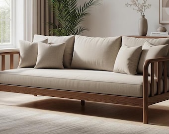 Sofá de madera maciza de nogal, sofá de dos plazas tapizado de estilo de mediados de siglo, muebles de salón de estilo escandinavo.