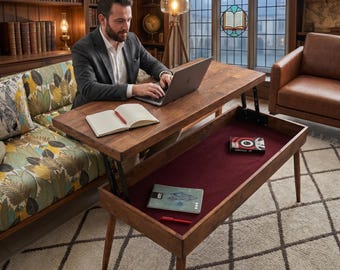 Tavolino da caffè in legno con piano sollevabile e vano portaoggetti, moderno e intelligente