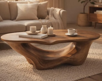 Hand Carved Solid Wood Coffee Table – Organic Sculptural Table, Live Edge Style, Luxury Living Room Decor, Modern Rustic Furniture
