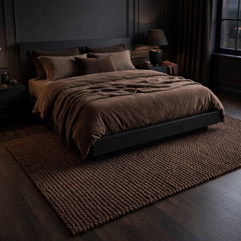 Hand-crafted Brown Wool Loop-pile Rug • Chunky Textured Living Room Rug ...