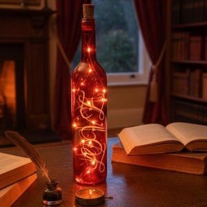 Luminária Garrafa Amor Encantado - Decoração em Vidro Gótico Vermelho - Luminária Garrafa de Vinho Noite Estrelada.