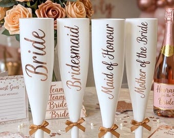 Personalized Flute with Custom Text, White Plastic Champagne Glasses for Bridal Showers