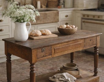 VENDIDO Mesa de trabajo antigua de granja inglesa / Mesa de preparación rústica de pino con cajones / Consola de isla de cocina rústica / 50”