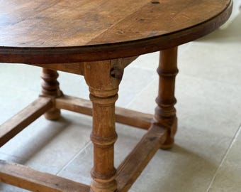 Antique English Pine Round Dining Table, 51” Farmhouse Table, Rustic European Kitchen Table, Turned Leg Trestle Base