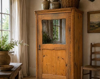 Antique Pine Cabinet with Glass Door | European Farmhouse Cupboard | Rustic Primitive Armoire | 19th Century Storage Cabinet