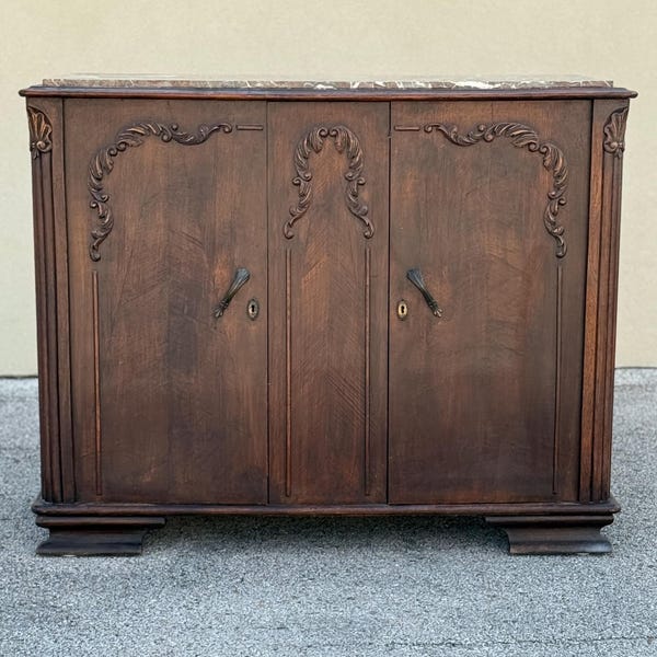 SOLD Antique French Marble-Top Cabinet – Carved Mahogany Sideboard / European Farmhouse Buffet – Early 1900s