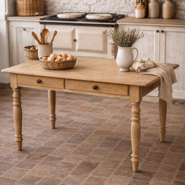 Vintage Solid Oak Farmhouse Table | Heritage Furniture Kitchen Prep Table | Writing Desk | Natural Oak