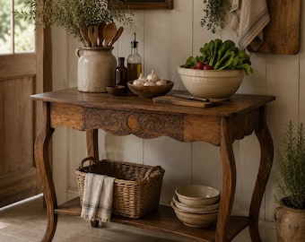 Mesa de biblioteca antigua de estilo provenzal francés / Consola de roble tallado / Isla de preparación para mesa de escritura Larkin Co