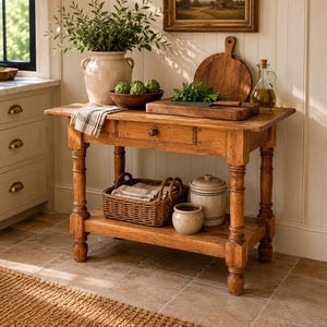 May include: A rustic wooden kitchen island with a lower shelf and a drawer. It features a woven basket, ceramic jars, and a wooden cutting board. A vase with greenery and a bowl of artichokes are on top. The island is in a well-lit kitchen.