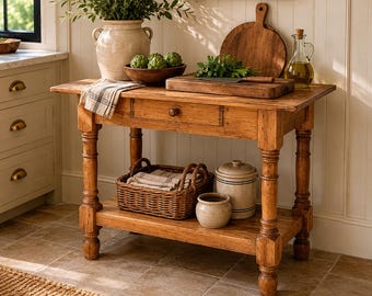 Consola de estilo campestre francés con estante / Mesa de entrada de pino antiguo / Mesa auxiliar rústica de estilo granja / Isla de preparación de cocina europea de 42 pulgadas