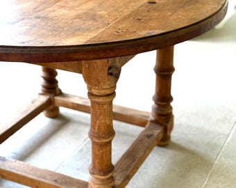Antique English Pine Round Dining Table, 51” Farmhouse Table, Rustic European Kitchen Table, Turned Leg Trestle Base