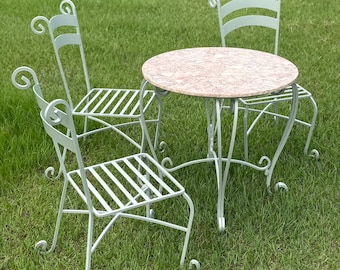 Conjunto de bistró vintage con tablero de mármol / Mesa de patio de hierro forjado estilo campestre francés con 3 sillas / Conjunto de comedor exterior verde salvia / Mesa redonda de 76 cm