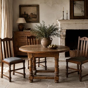 Antique English Pine Dining Table | 51” Round Farmhouse Kitchen Table | Rustic European Country Table