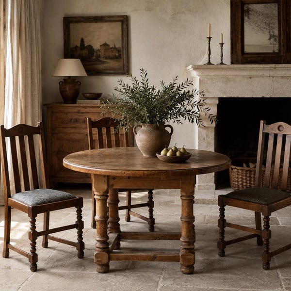 Antique English Pine Dining Table | 51” Round Farmhouse Kitchen Table | Rustic European Country Table