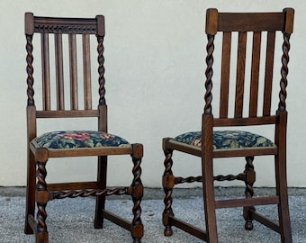 Set of 4 Barley Twist Dining Chairs | English Jacobean Style Oak Chairs | Vintage Farmhouse Dining Chairs | Carved Wood Chairs | Tudor Style