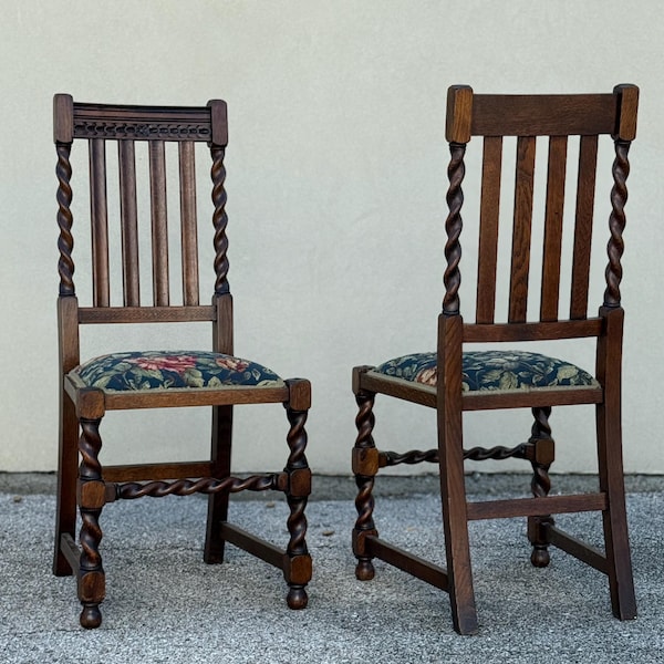Set of 4 Barley Twist Dining Chairs | English Jacobean Style Oak Chairs | Vintage Farmhouse Dining Chairs | Carved Wood Chairs | Tudor Style