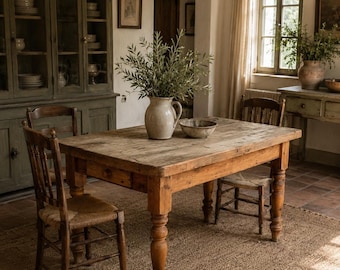 Mesa de granja europea primitiva / Mesa de trabajo de pino antiguo / Mesa de preparación rústica para isla de cocina / Escritorio consola de estilo campestre francés / 60”