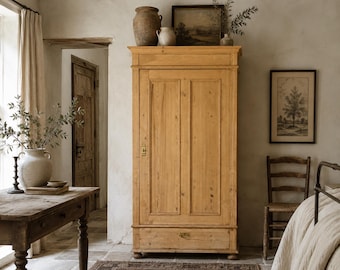 Antique Pine Armoire / Linen Press Cabinet with Drawer | European Farmhouse Wardrobe
