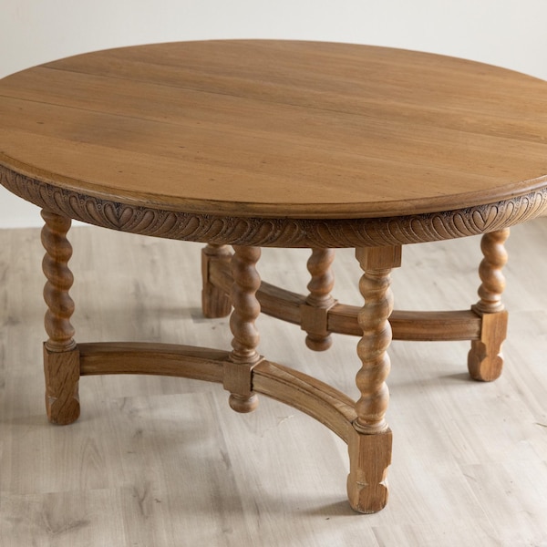 Antique Round Oak Dining Table | 54” Barley Twist Dining Table | Carved European Farmhouse Table