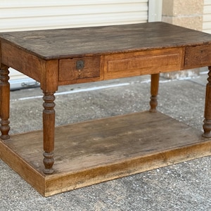 Antique English Farmhouse Work Table | Primitive Pine Prep Table with Drawers | Rustic Kitchen Island Console | 50”