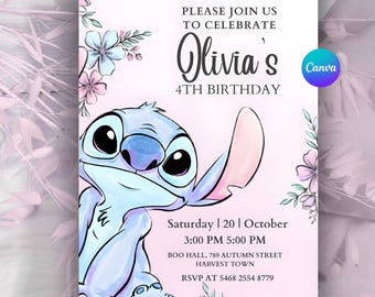 Stitch-verjaardagsuitnodiging | Canvassjabloon met pastelkleurige bloemen cartoon (digitale download)