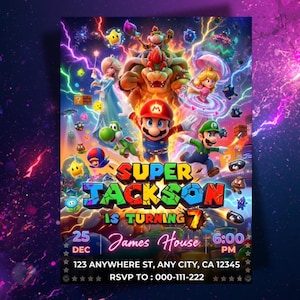 Invitación de cumpleaños de Mario Galaxy, Invitación de cumpleaños de Super Mario, Fiesta espacial, Descarga instantánea, Plantilla de Canva (5 x 7 pulgadas)