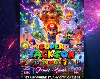 Invito di compleanno a tema Mario Galaxy, Invito di compleanno Super Mario, Festa a tema spazio, Download immediato, Modello Canva (5 x 7 pollici)
