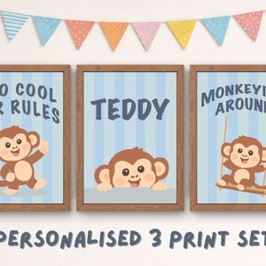 Personalised Monkey Nursery Print Set | Cheeky Monkey Wall Art | Custom Name Monkey Print | Jungle Nursery Decor | Digital Download