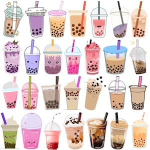 Puede incluir: Una colección de coloridas bebidas de té de burbujas en varios tamaños y estilos. Las bebidas presentan diferentes colores, ingredientes y pajitas. Algunas tazas tienen caras bonitas. La imagen es una ilustración divertida y vibrante de una bebida popular.