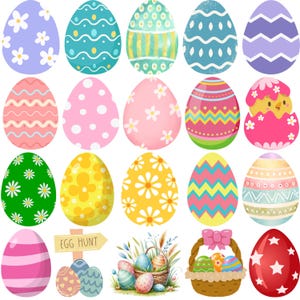 May include: A collection of colorful Easter eggs with various designs, including floral patterns, polka dots, and zigzags. A basket of eggs, a sign that says "Egg Hunt", and a chick hatching from an egg are also featured.
