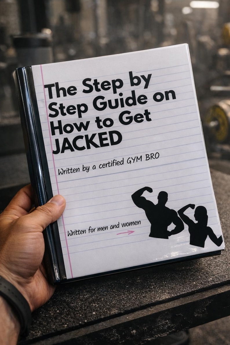 May include: A white notebook titled "The Step by Step Guide on How to Get JACKED" held by a person. The cover includes text, a silhouette of a muscular person, and the words "Written for men and women."