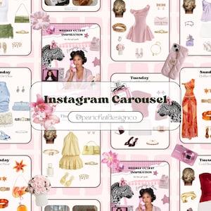 May include: A digital collage template titled Instagram Carousel featuring various fashion outfit sets, pink floral accents, leopard illustrations, and accessories like handbags, jewelry, and cameras arranged on a light pink grid background.