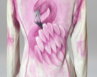 Hand Painted Flamingo Blazer, Avant Garde Pink Suit Jacket, Wearable Art Clothing