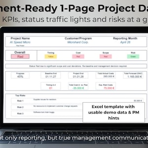 Könnte beinhalten: Ein Laptop zeigt ein Projekt-Dashboard mit KPIs, Statusampeln und Risikobewertungen. Der Bildschirm zeigt Daten wie Projektname und Berichtsmonat. Text auf dem Bildschirm enthält "Steering", "Committee ready" und "True forecast logic."