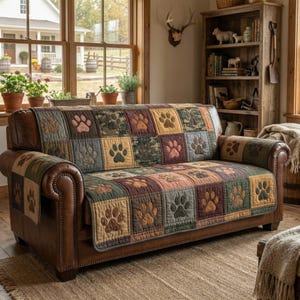 May include: A brown leather sofa with a patchwork quilt featuring paw prints in various colors. The quilt covers the seat and armrests, adding a rustic and pet-friendly touch to the living room decor.