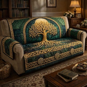 Può includere: Una fodera per divano verde e oro con un design dettagliato dell'albero della vita. La fodera ha una texture trapuntata con un grande albero al centro, una luna piena e bordi con nodi celtici. Il divano è beige.