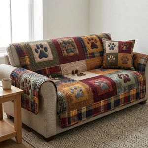 Dog Paw Patchwork Sofa Cover, Rustic Plaid Couch Cover, Pet Lover Slipcover, Farmhouse Dog Sofa Protector, Cozy Living Room Decor
