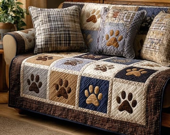 Funda de sofá con huellas de perro, funda para sofá de mascotas, funda de patchwork con diseño de animales, protector de sofá para amantes de los perros, decoración acogedora y rústica para la sala de estar.