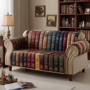 Könnte beinhalten: Ein cremefarbenes Sofa mit einem einzigartigen Design, das einen Sitz und eine Rückenlehne mit einem Muster aufweist, das einer Sammlung antiker Bücher ähnelt. Das Sofa hat geschwungene Armlehnen und Holzbeine und schafft eine gemütliche und einladende Ästhetik.