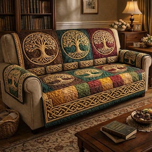 Puede incluir: Una funda de sofá con un diseño de patchwork con motivos de nudos celtas y árbol de la vida. La funda tiene una variedad de colores, incluyendo marrón, verde y rojo. El diseño del árbol de la vida está bordado en hilo dorado.