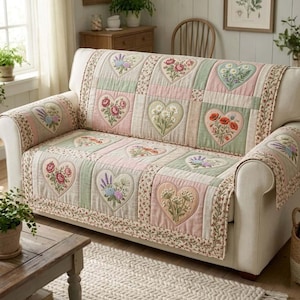 Funda de sofá con estampado floral en tonos pastel, funda de sofá estilo cottagecore, protector de sofá con patchwork de corazones, funda acolchada vintage, funda suave para muebles de estilo rústico.