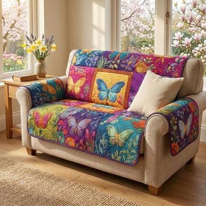 Puede incluir: Una colorida funda de sofá acolchada con un diseño de patchwork con motivos de mariposas y flores. La funda es predominantemente morada, azul y rosa, con un cuadrado central que muestra una gran mariposa azul. El sofá es beige.