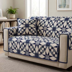May include: A sofa with a blue, white, and gray geometric patterned quilt and matching pillow. The quilt features a starburst design. The sofa has a neutral-colored frame with a dark blue trim.