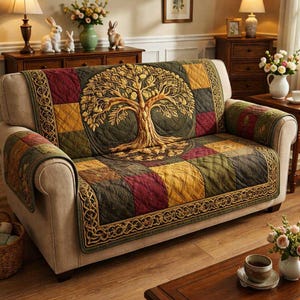 Puede incluir: Una funda de sofá acolchada con un diseño de árbol de la vida. La funda tiene un patrón de patchwork en tonos verdes, dorados y burdeos. El árbol está bordado con hilo dorado y los bordes están adornados con un borde decorativo.